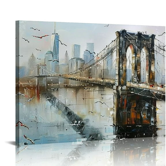 ARISTURING  Brooklyn Bridge Canvas Wall Art Abstract Skyline New York City Painting, Modern Colorful NYC Picture Textured Artwork Framed for Bedroom Living Room 16x12in