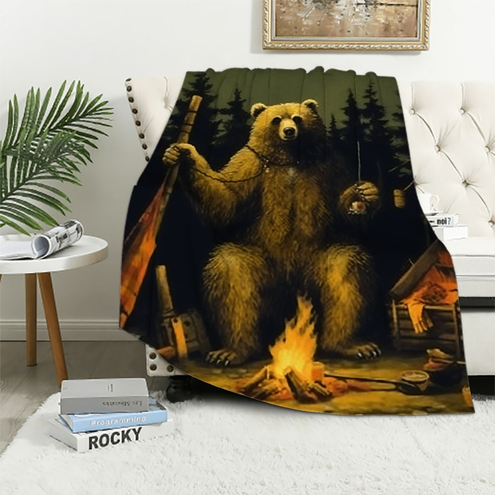 ARISTURING Camper Blanket Camping Bear Throw Blankets Cozy Flannel Soft