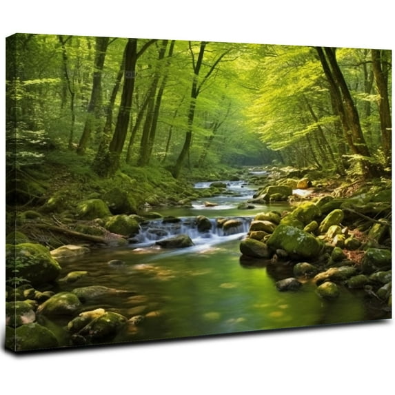 ARISTURING Canvas Print Wall Art River Through The Green Forest Nature Wilderness Photography Modern Art Rustic Scenic Colorful Multicolor for Living Room, Bedroom, Office 16x12inch