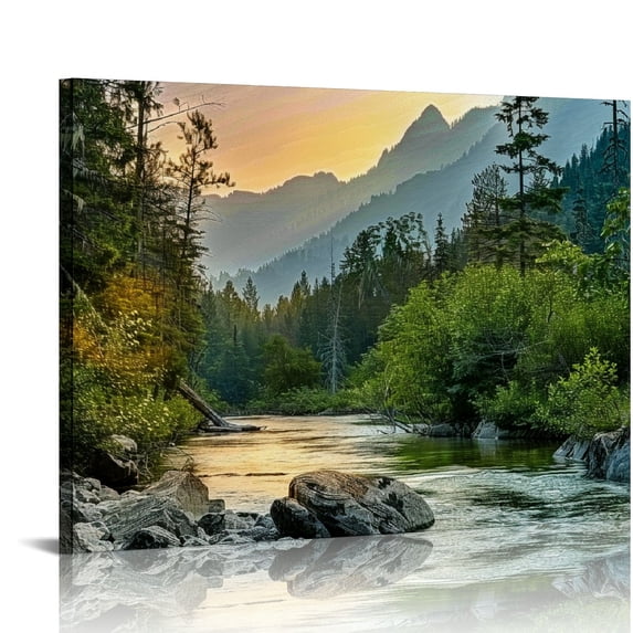ARISTURING Canvas Print Wall Art Woodland Nursery Decor Colorado Forest River Rapid Rock Mountain Nature Wilderness Earth Scenery Rustic Scenic Landscape for Living Room, Bedroom, Office