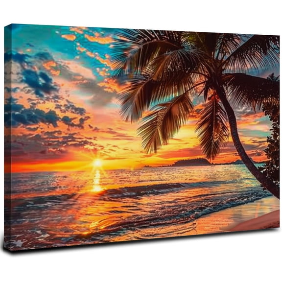 ARISTURING Canvas Wall Art for Bedroom Seascape Sunset Canvas Wall Art Tropical Palm Tree Canvas Artwork Beach Canvas Print for Living Room Ocean Wall Art Decor Sea Waves Canvas 16x12inch