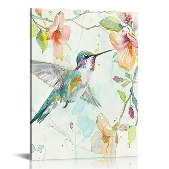 ARISTURING Canvas Wall Art,  Framed Artwork, Hummingbird Spring Flowers Vintage Painting Pictures for Home Décor 16x20 in