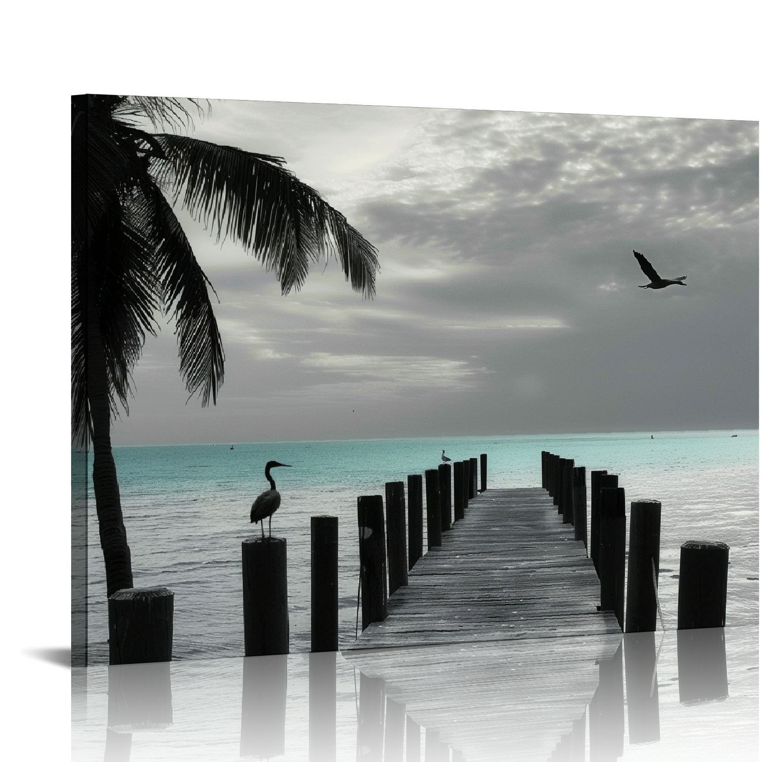 ARISTURING Canvas Wall Art Ocean Painting Palm Tree bridge seagull ...