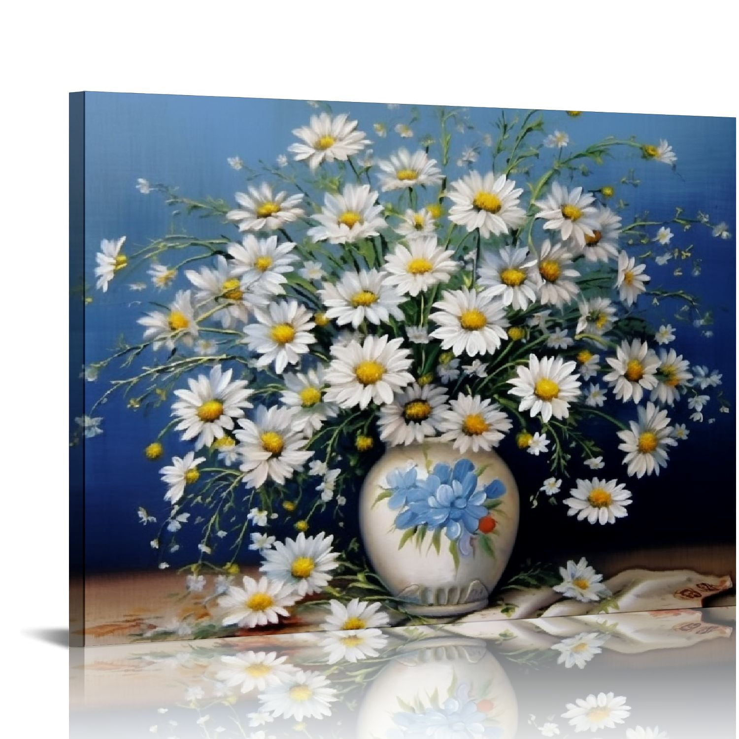 ARISTURING Canvas Wall Art White daisies in vase Theme Picture blue ...