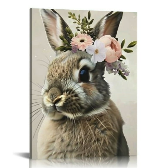 ARISTURING Canvas Wall Decor Rabbit With Flowers On His Head Animal Poster Wall Decor Cute Print Picture Paintings for Living Room Bedroom Wall Decorations