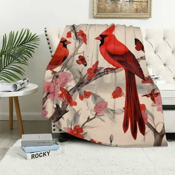 ARISTURING Cardinal Bird Cherry Blossom Blanket Super Soft Flannel Blanket Fluffy Cozy Cool Design Lightweight Warm Sofa Throw All Season Gift for Kid Child Bed Couch Chair for Baby/Pets