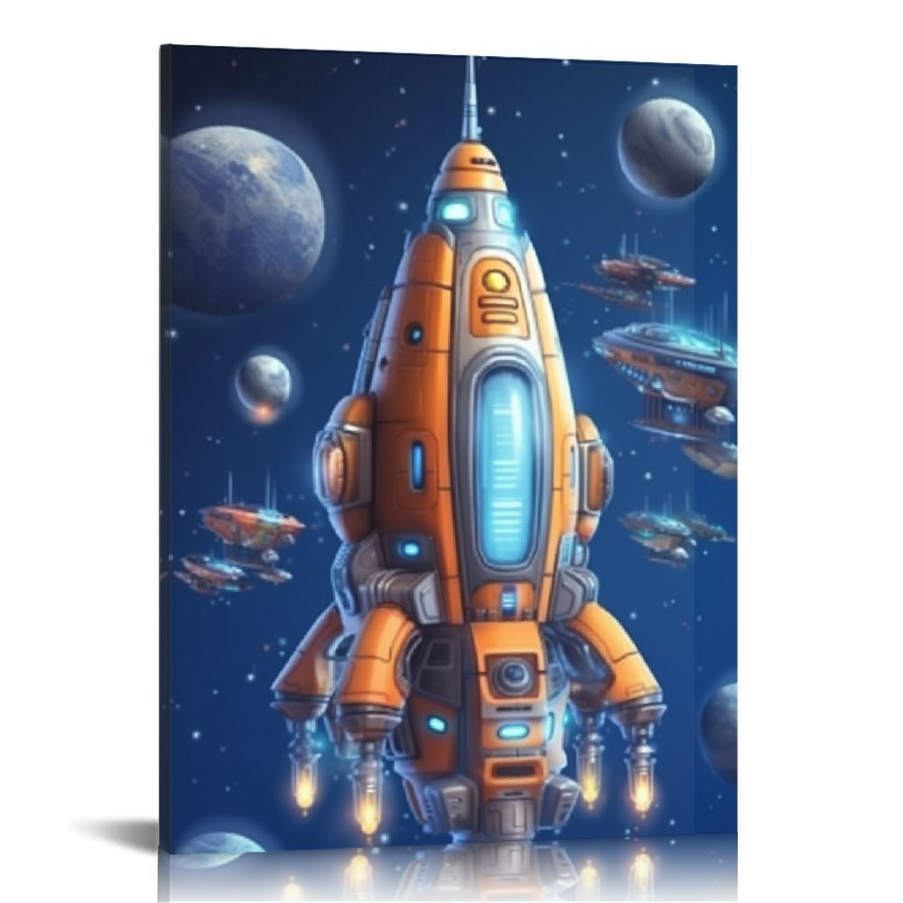 ARISTURING Cartoon Spaceship Rocket Print Canvas Wall Art Art Painting ...