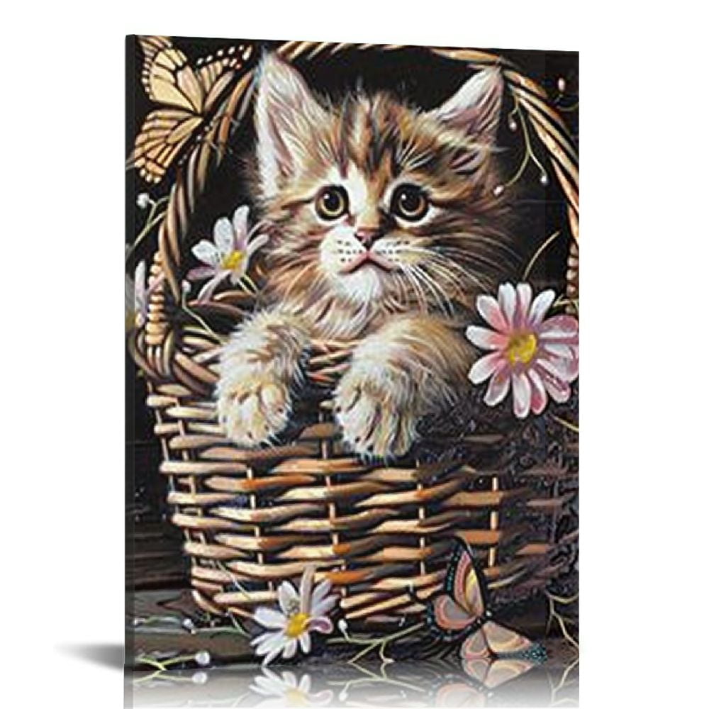 ARISTURING Cat Flower Pictures Wall Art Rustic Cat Butterfly Wall