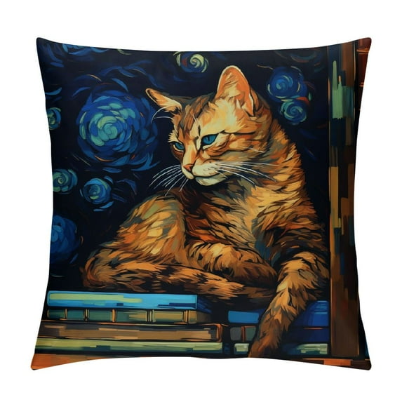ARISTURING Cat Throw Pillow Cover Funny Cartoon Bookshelf Sleeping Cat Decorative Rectangular Pillowcase for Sofa and Bed Couch