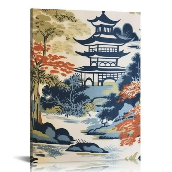 ARISTURING Chinese Style Canvas Wall Art White Coral Navy Blue Asian Chinoiserie Pagoda Canvas Print Wall Artwork Rustic Wall Plaque Poster for Home Office Living Room Bedroom Decoration