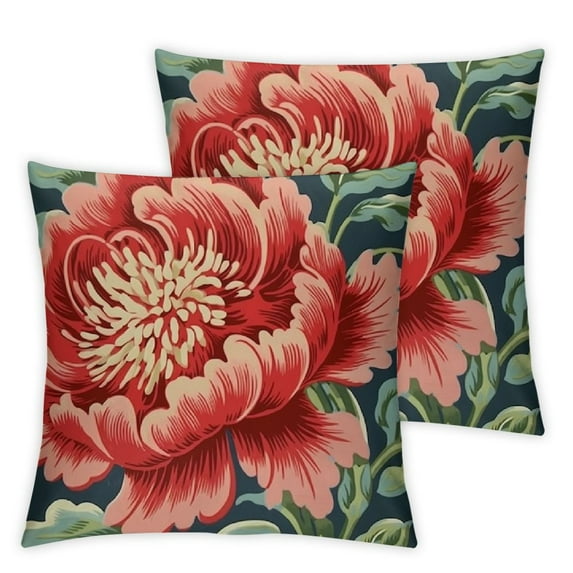 ARISTURING Chinoiserie Red Peony Floral Pillow Cover Peony Flower Teal Green and Red Decorative Throw Pillow Cushion Oriental Toile Chinoiserie Farmhouse Lumbar Accent Pillow 2pcs
