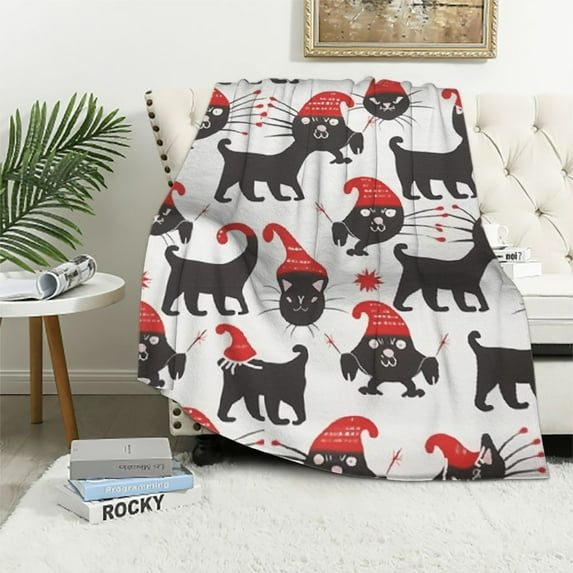 ARISTURING Christmas Cat Black White Blanket Gift for Men Women Cozy Soft Lightweight Flannel Throw for Bed Sofa Couch Chair Extra Small Not Recommended