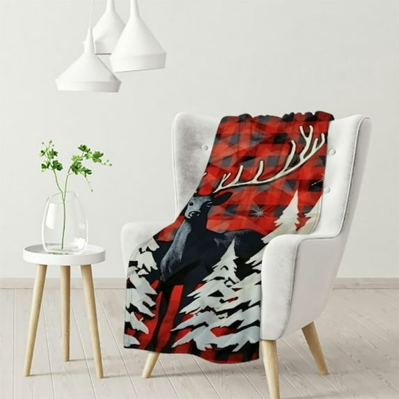 ARISTURING Christmas Flannel Throw Blanket for Sofa Couch Xmas Deer Elk Tree All Season Bed Blanket Queen Red Buffalo Check Fuzzy Blanket Bedroom Decor Xmas Fuzzy Blanket Flannal Blanket