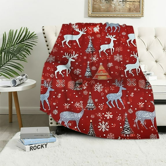 ARISTURING Christmas Throw Blanket | Holiday Christmas Reindeer Snowflakes Blanket | Soft, Plush, Warm Winter Cabin Throw, (Red Reindeer)