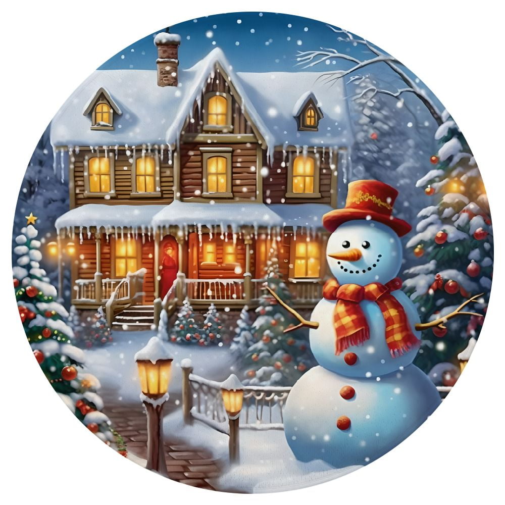 ARISTURING Christmas Tree Snowman House Flannel Floor Mat Round