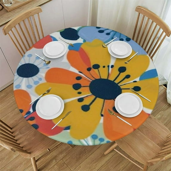 Jiayy Colorful Floral Farmhouse Table Cloth Yellow Orange Blue Green Flowers Round Tablecloth Spring Summer Fall Autumn Vintage Retro Rustic Washable Table Cover For Holiday Kitchen Dinning White