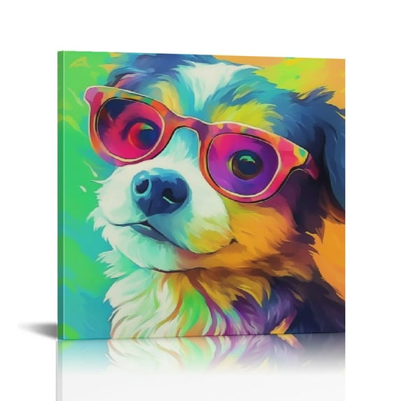 ARISTURING  Colorful Nursery Wall Art Funny Cute Animal Dog Wearing Glasses Poster POP Painting Canvas Prints Picture for Kids Living Room Decor  20x20in
