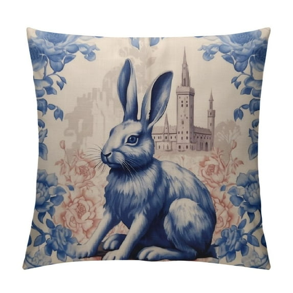 ARISTURING Couch Throw Pillows Rustic Blue Dutch Rabbit Cushion Pillow Cover Floral Chinoiserie Rabbit Pattern Modern Pillow Cover Modern Decorative Pillow Covers for Couch Sofa Bedroom Car