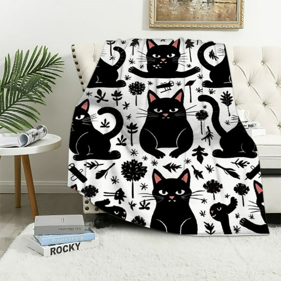 ARISTURING Cute Black Cat Throw Blanket Soft Lightweight Warm Flannel Comfort Gift Throws Bedding for Home Bed Sofa Couch Travel