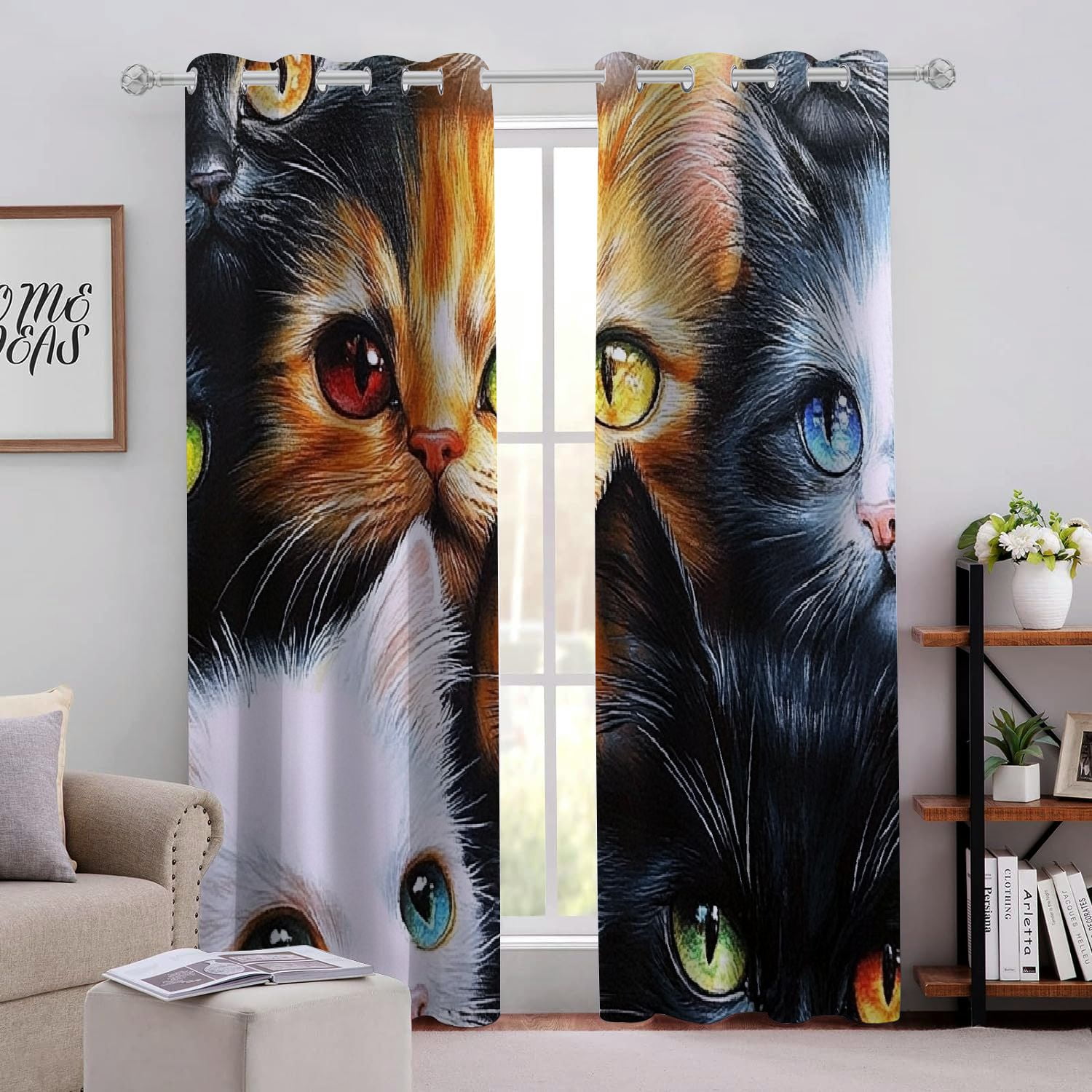 ARISTURING Cute Cat Perforated Blackout Curtains 2Pack Fashionable