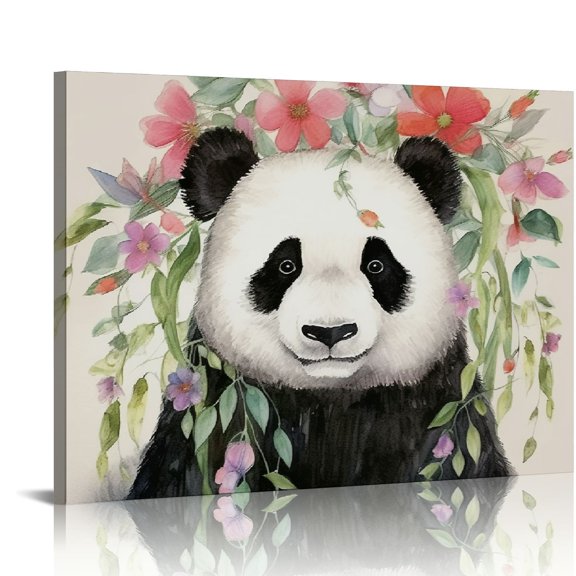 ARISTURING  Cute Panda Canvas Wall Art Wild Animal Posters Funny Panda with Garland Wall Décor Rustic Home Artwork for Nursery Room Bedroom Bathroom Kitchen Decoration Framed Kids Gifts