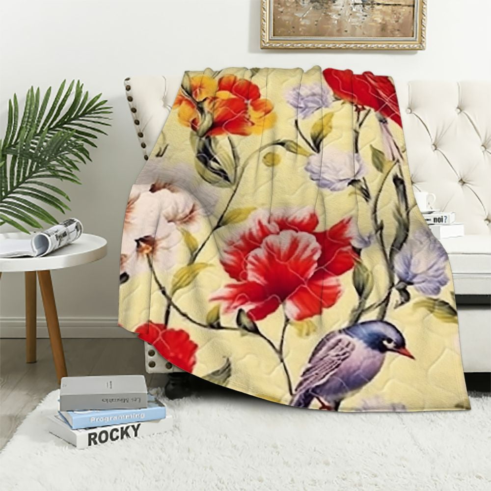 ARISTURING DaDa Bedding Yellow Floral Lap Quilt Quilted Throw Blanket Hummingbirds Farmhouse
