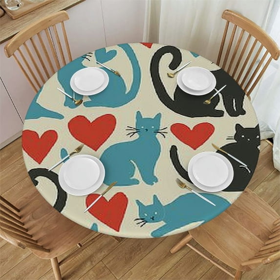 ARISTURING Decorative Round Table Cover Elastic Tablecloth, Cat Lover Polyester Fitted Table Cover Elastic Edged, Hearts Happy Walking Shape Domestic Print Fabric Table Cover, Fits Round Table White