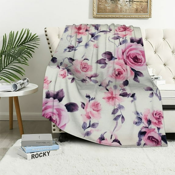 ARISTURING Decorative Throw Blankets: Soft Plush Lively Rose Floral Accent for Couch or Bed, Colored: Blush Pink Purple Navy Blue Grey White