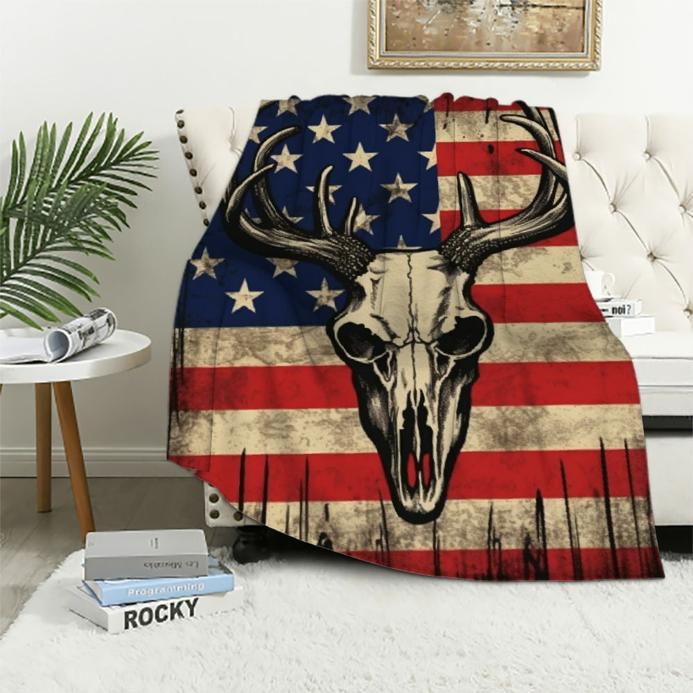 ARISTURING Dirty Hunting Camo Camouflage American Flag Green Black Deer Skull Full Plush Throw