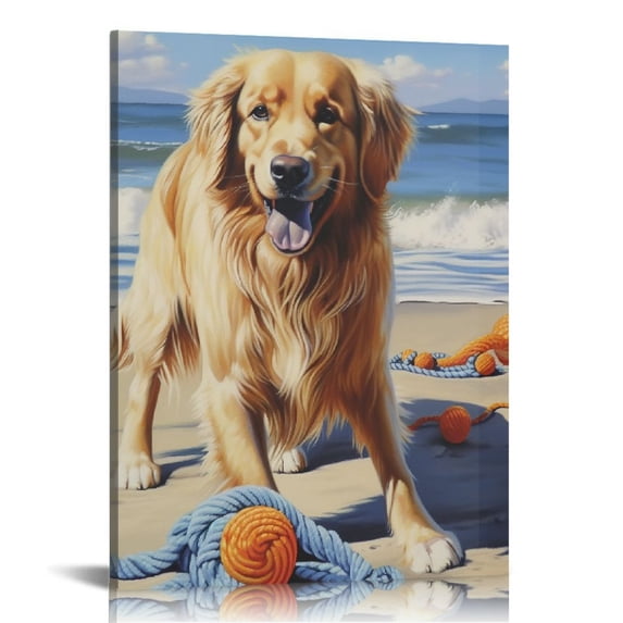 ARISTURING Dog Wall Art, Funny Animal Canvas Wall Decor for Bedroom, Printed And Stretched On Wooden Frame, Ready To Hang, Ocean Waves, Nursery, Living Room Décor - Golden Beach Dogs