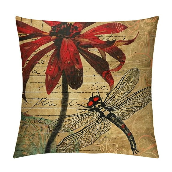ARISTURING Dragonfly Throw Pillow Covers Equinox Flower Dragonfly Garden Pillow Covers,Higan Flower Red Floral Cushion Cases,Aesthetic Animal Vintage Brown Rustic Decorative Pillow Covers