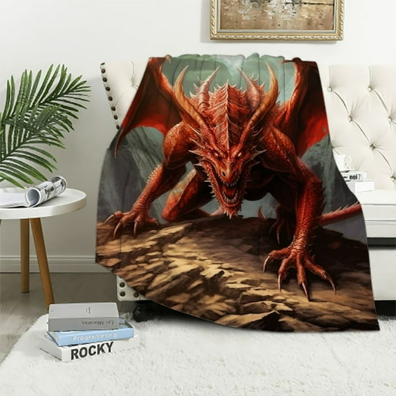 ARISTURING Dragons Lair Queen Size Raschel Plush Dragon Throw Blanket, Measures 79