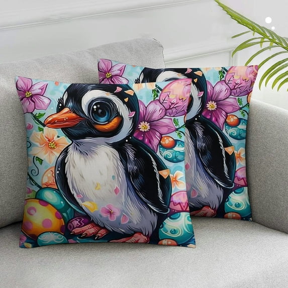 ARISTURING Easter Square Throw Pillow Covers Set of 2 Cute Penguin Cartoon Floral Watercolor Eggs Couch Decorative Home Decor Chair Room Indoor Bedroom with Zipper Pillow Covers