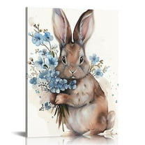 ARISTURING Easter Wall Art Canvas Painting Grey Bunny With Blue Flowers Picture Artwork Animal Art gifts for Room Bedroom Home Farmhouse Wall Decor