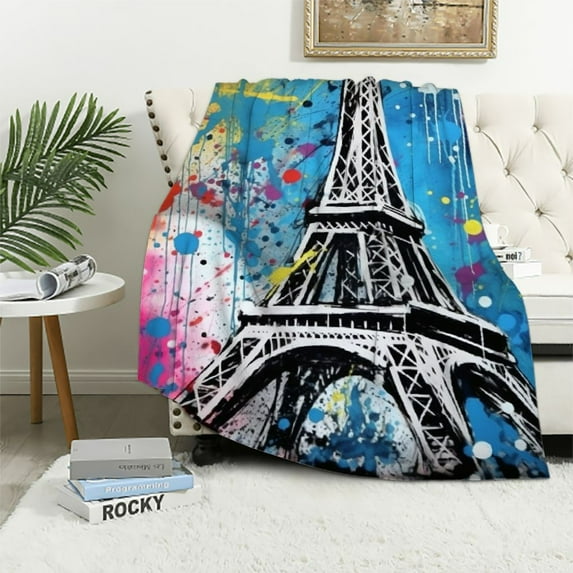 HENGT Eiffel Tower Plush Blanket Chic Paris Theme Throw Blanket Paris Cityscape Sherpa Blanket for Couch Bed Sofa Tie Dye Decor Modern French Romantic Style Fuzzy Blanket Throw
