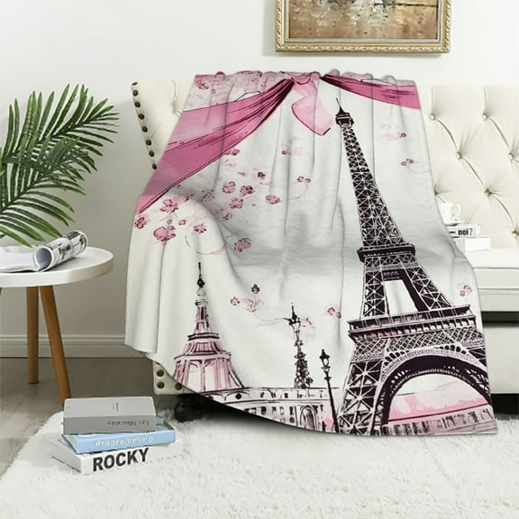 ARISTURING Eiffel Tower Throw Blanket Pink Romantic Paris Blanket for Girls Adult Women Couple,Paris Cityscape Printed Fuzzy Blanket,Watercolor Floral Flannel Blanket Living Room Decor