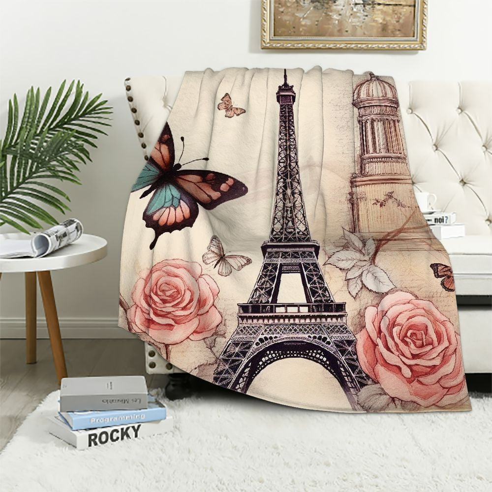 ARISTURING Eiffel Tower Throw Blanket Soft Cozy Butterfly and Rose ...