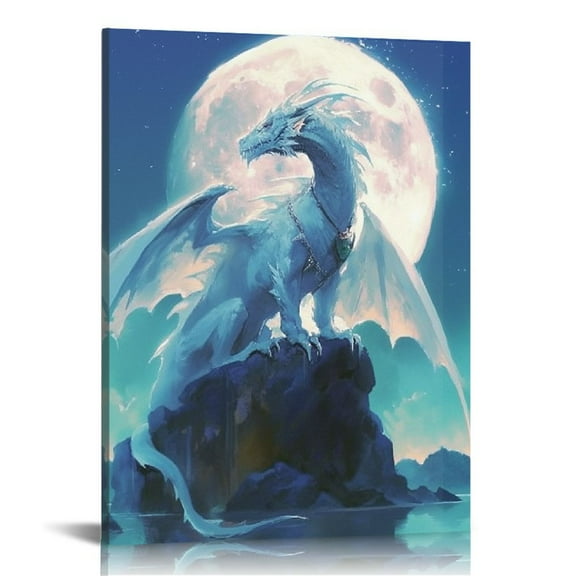 ARISTURING Fantasy White Dragon Canvas Wall Art, Blue Mystic Night Poster, Mythical Wall Art Home Aesthetic Decor For Living Room, Bedroom, Bathroom, Office 12x16 in