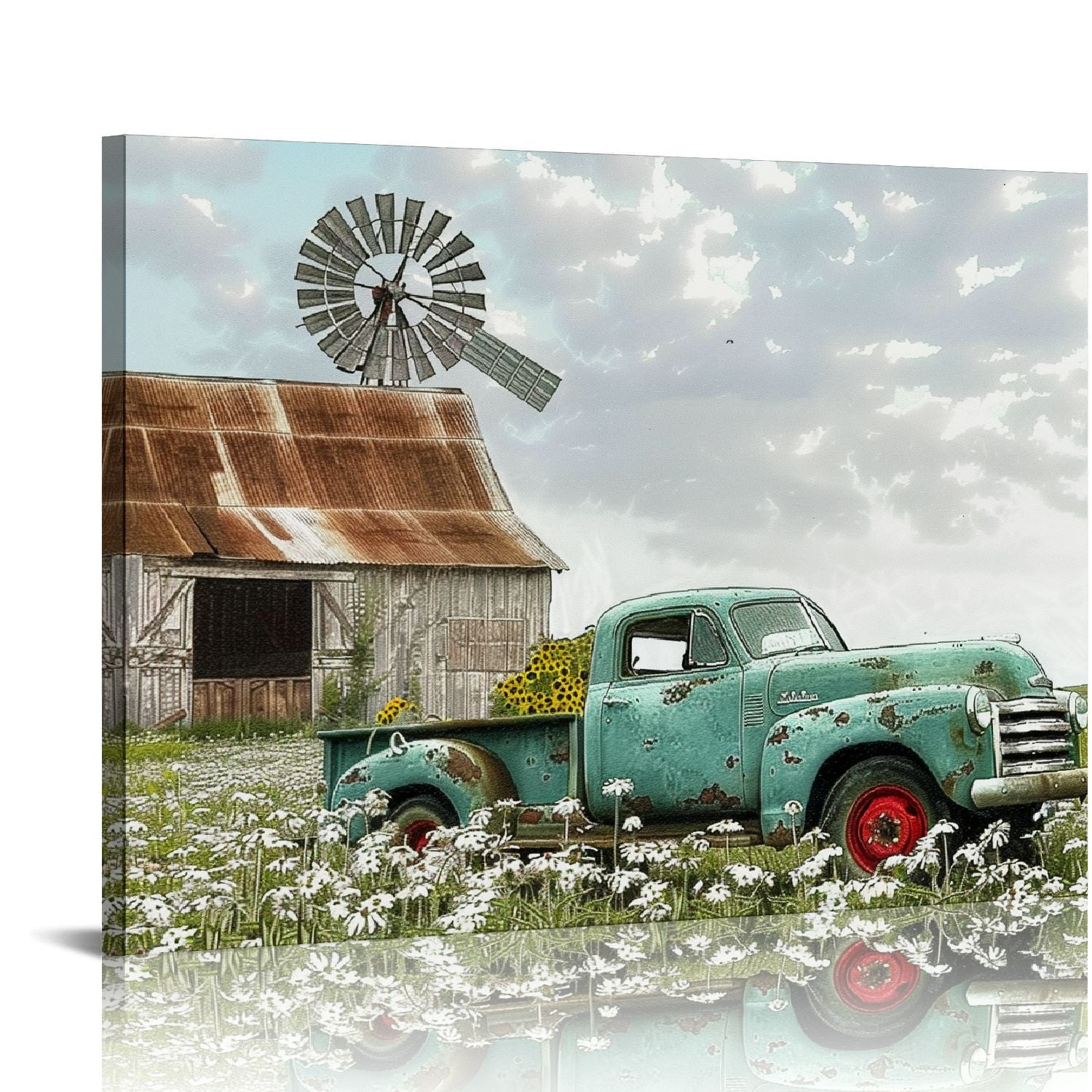 ARISTURING Farmhouse Decor Wall Art Pictures- Old Barn Windmill Teal ...