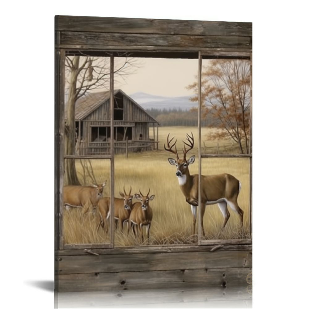 ARISTURING Farmhouse Deer Canvas Wall Art Country Wildlife Elk Rustic ...