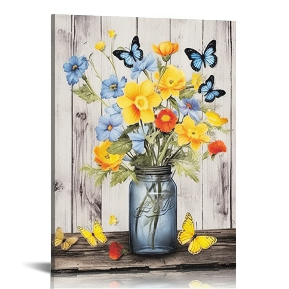 ARISTURING Farmhouse Floral Wall Art for Living Room, Blue and Yellow ...