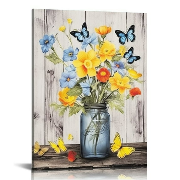 ARISTURING Farmhouse Floral Wall Art for Living Room, Blue and Yellow Floral in Vase and Butterfly on Retro Wood Boards Canvas Wall Art Framed Artwork for Bedroom Bathroom Wall Decor