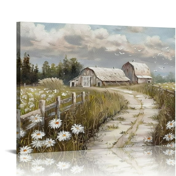 ARISTURING Farmhouse Old Barn Wall Art: Barn Painting Barn and White Flowers Wall Decor Rustic Wall Decor Farmhouse Canvas Art for Livingroom Kitchen Decorations Framed Ready To Hang