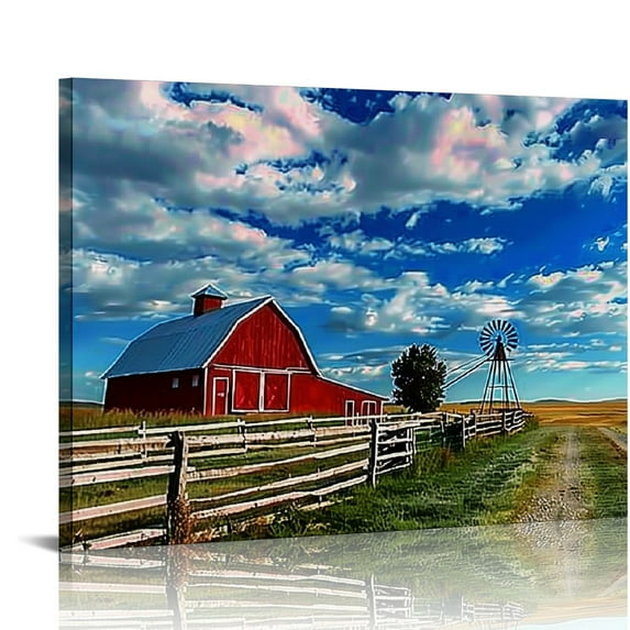 ARISTURING Farmhouse Wall Art, Vintage Barn Canvas Prints Wall Art Decor, Red Barn Pictures for Living Room Fall Wall Decor, Rustic Country Landscape Art Painting, Framed Poster Wall Decoration