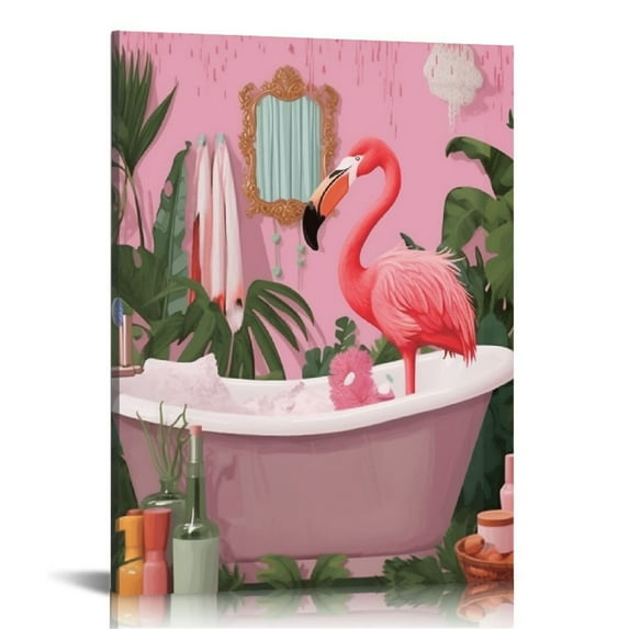 ARISTURING Flamingo in Bathtub Bathroom Canvas Prints Wall Decor Tropical Pink Flamingo Canvas Art Sign Canvas Poster Gifts for Home Bathroom Decor