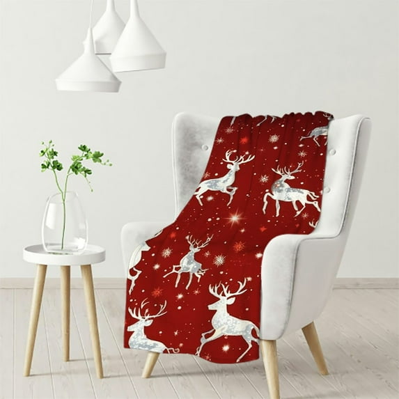ARISTURING Flannel Blanket Cozy Bed Blanket Soft Throw Blanket for Couch Sofa, Christmas Elk and Snowflake Texture Red Blankets,Warm and Lightweight