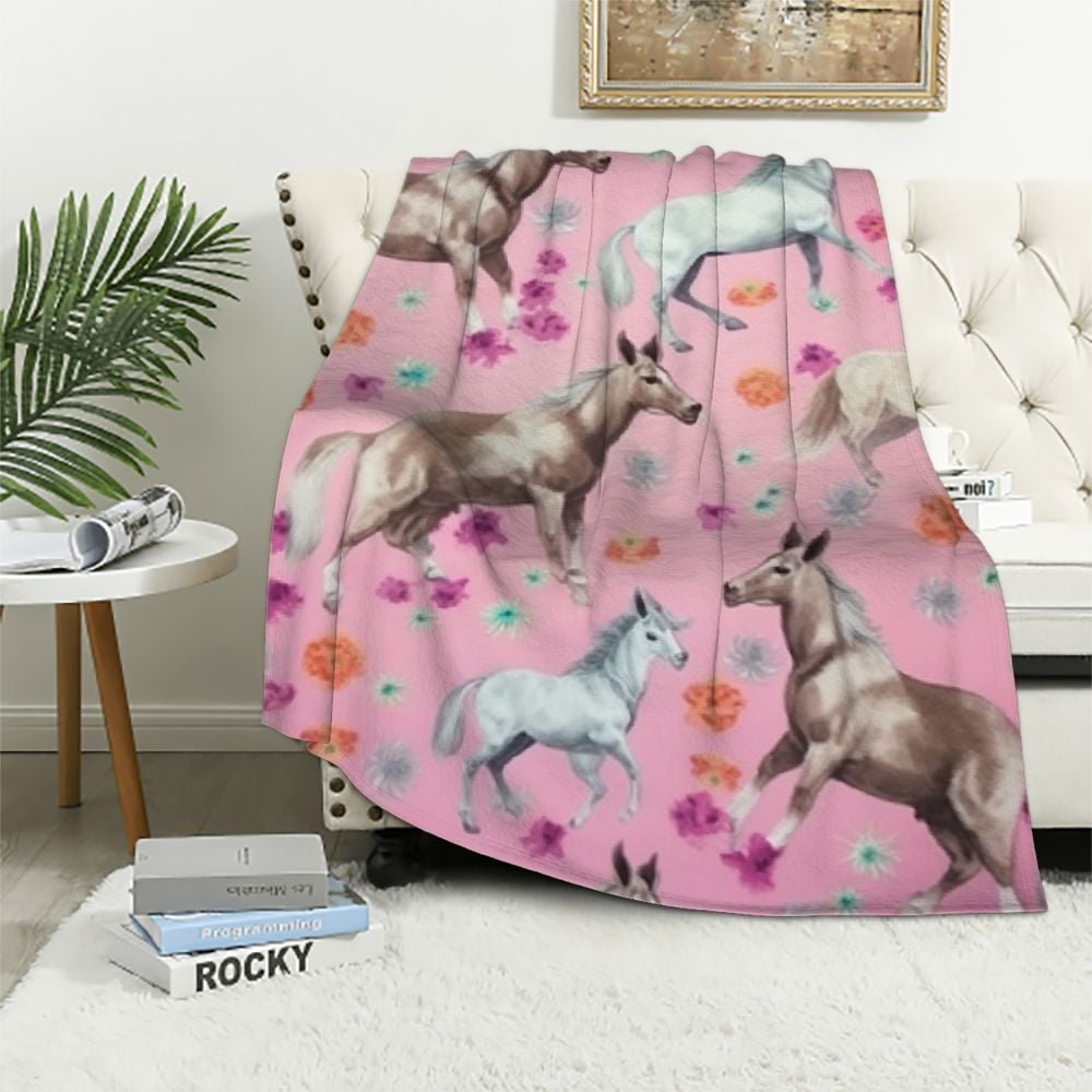 ARISTURING Flannel Plush Throw Blanket, Horses Flowers Pink Pattern
