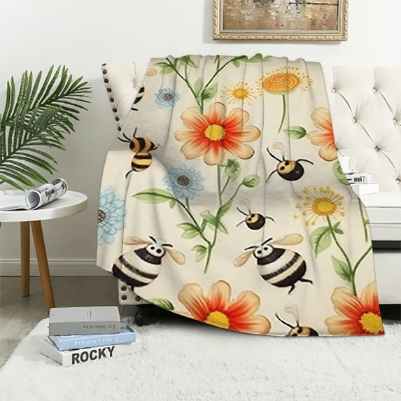 ARISTURING Floral Bee Blanket Lovers Gift for Girls Boys Super Soft Flannel Blanket for Sofa Couch Bed- Plush Warm Cozy Bed Quilts Home Decor for All Seasons