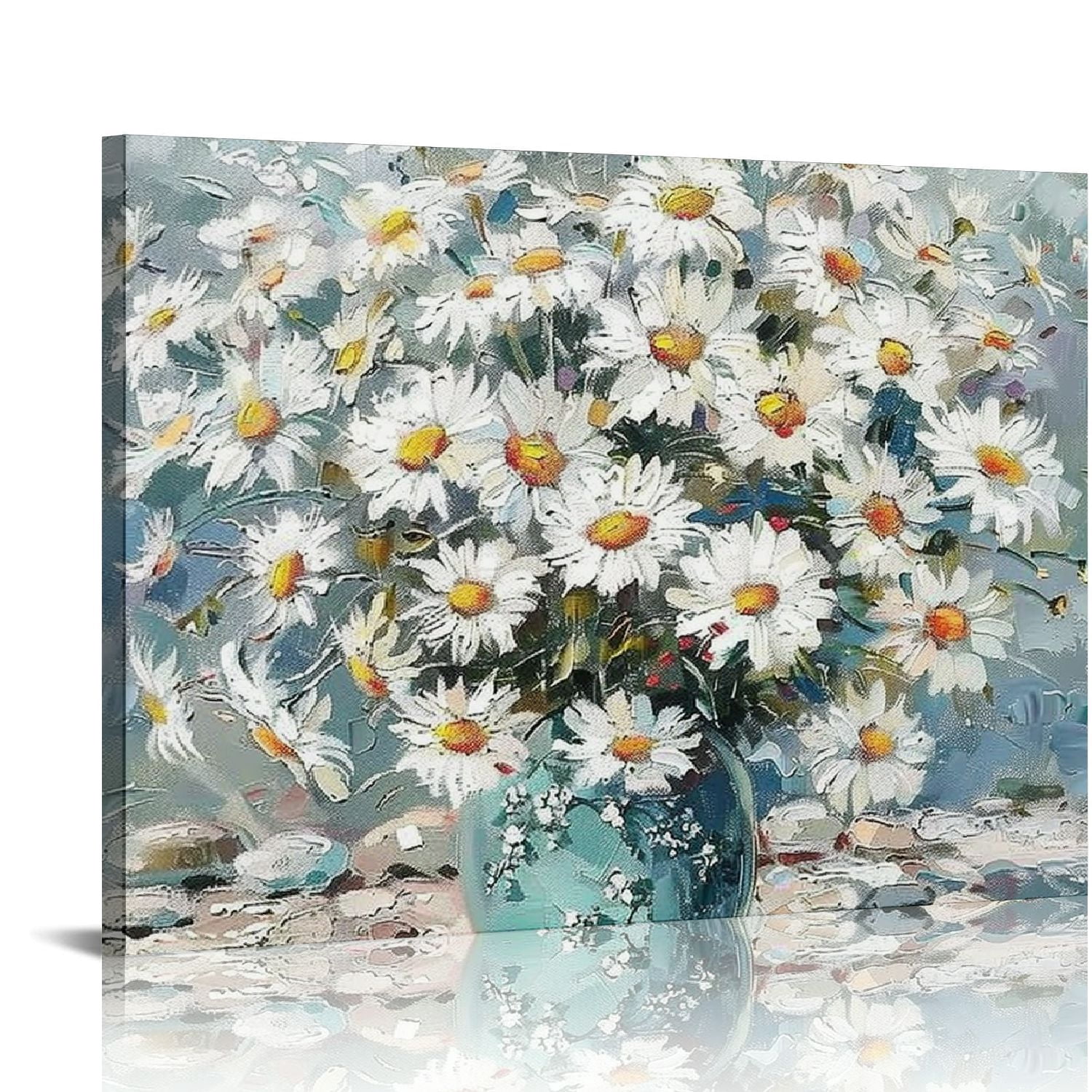 ARISTURING Floral Canvas Wall Art White Daisy in Vase Light Blue ...