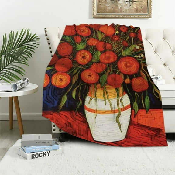 ARISTURING Floral Throw Blanket - Van Gogh Vase with Red Poppies Afghan